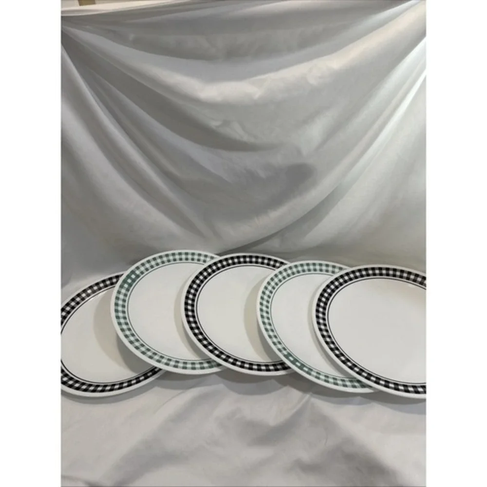 Set Of 5 Corelle‎ Gingham Checkered Black & Green Dinner Plates 10.25